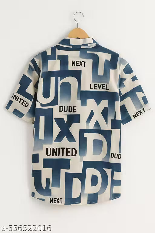 Cream & Blue Bold Typography Print Casual Shirt for Men