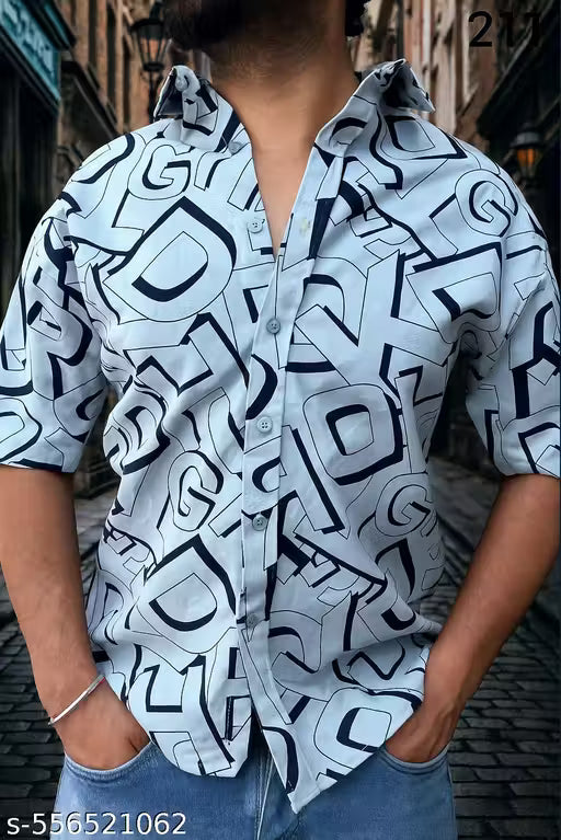 Modern Men's Casual Shirt in Sky Blue with Alphabet Print