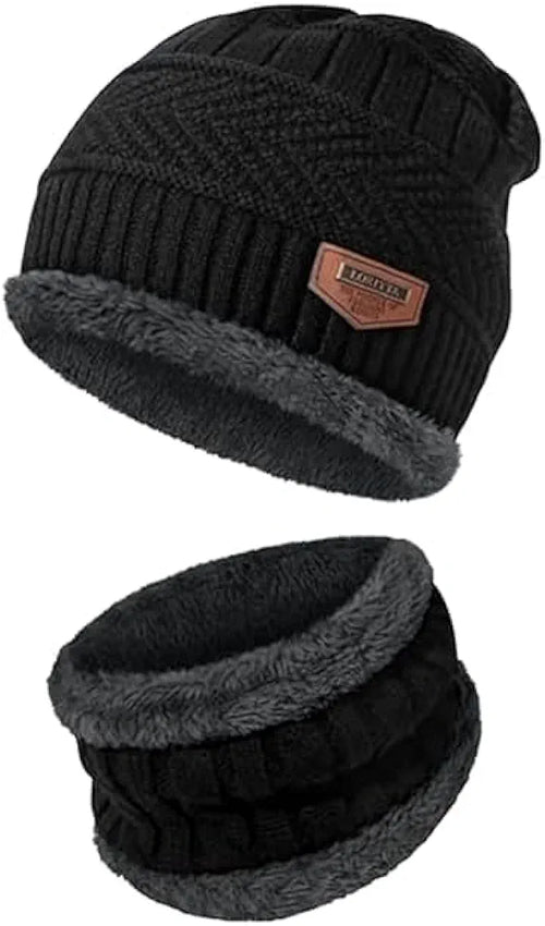 Fitness Mantra® Beanie Cap & Muffler for Men & Women| Beanie Cap| Woolen Topaa| Winter Cap| Head & Neck Warmer| Black Color| 1 Set|