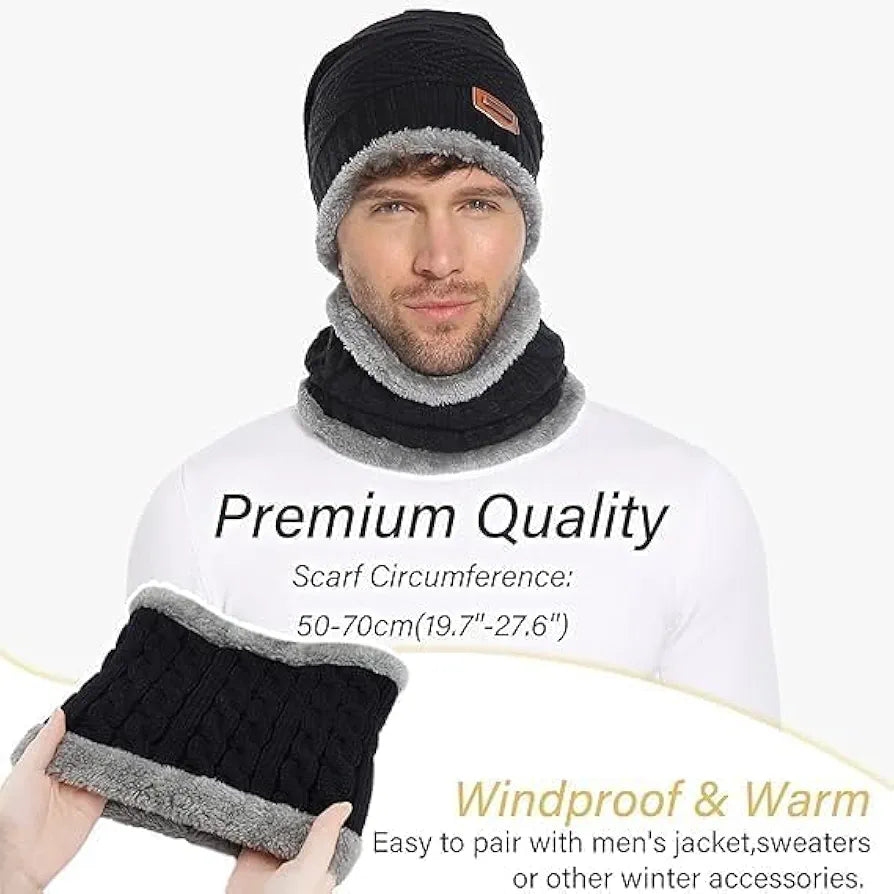 Fitness Mantra® Beanie Cap & Muffler for Men & Women| Beanie Cap| Woolen Topaa| Winter Cap| Head & Neck Warmer| Black Color| 1 Set|