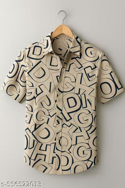 Men's Beige Alphabet Print Casual Shirt For Men