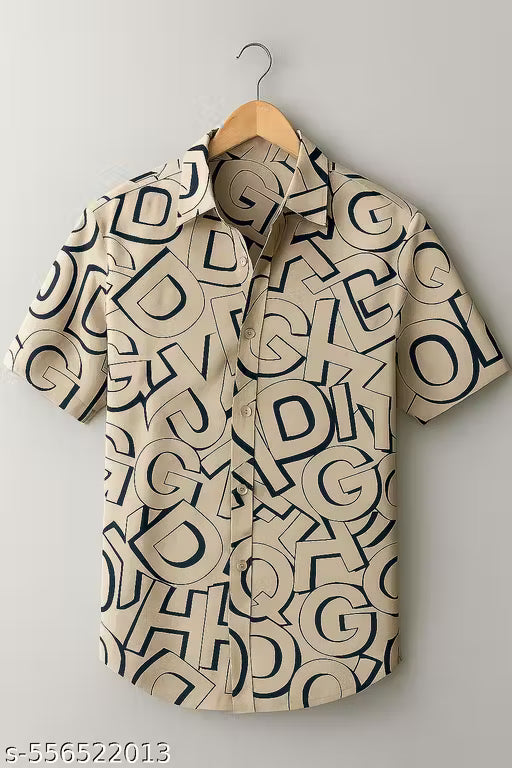 Men's Beige Alphabet Print Casual Shirt For Men
