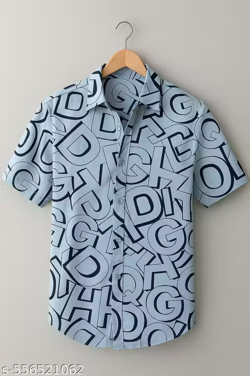 Modern Men's Casual Shirt in Sky Blue with Alphabet Print