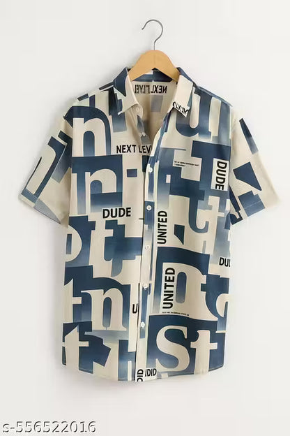 Cream & Blue Bold Typography Print Casual Shirt for Men