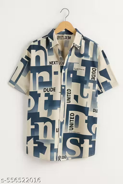 Cream & Blue Bold Typography Print Casual Shirt for Men